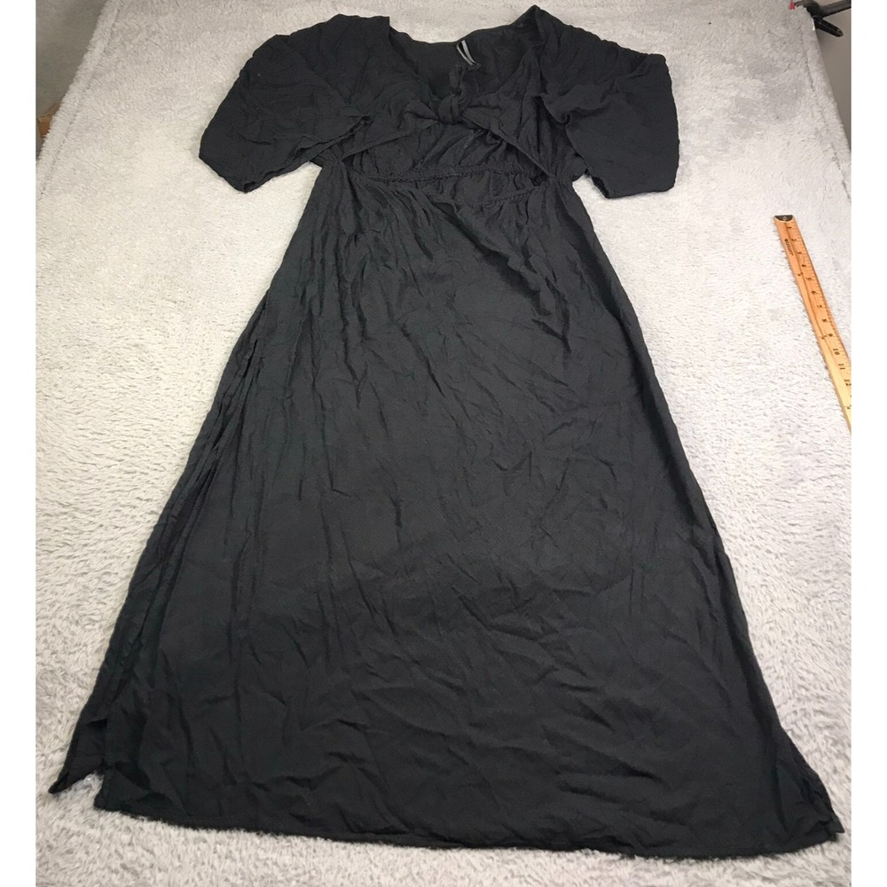 By Anthropologie Maxi Dress Womens L Black Cut Out Tie Bust Side Slit Stretch